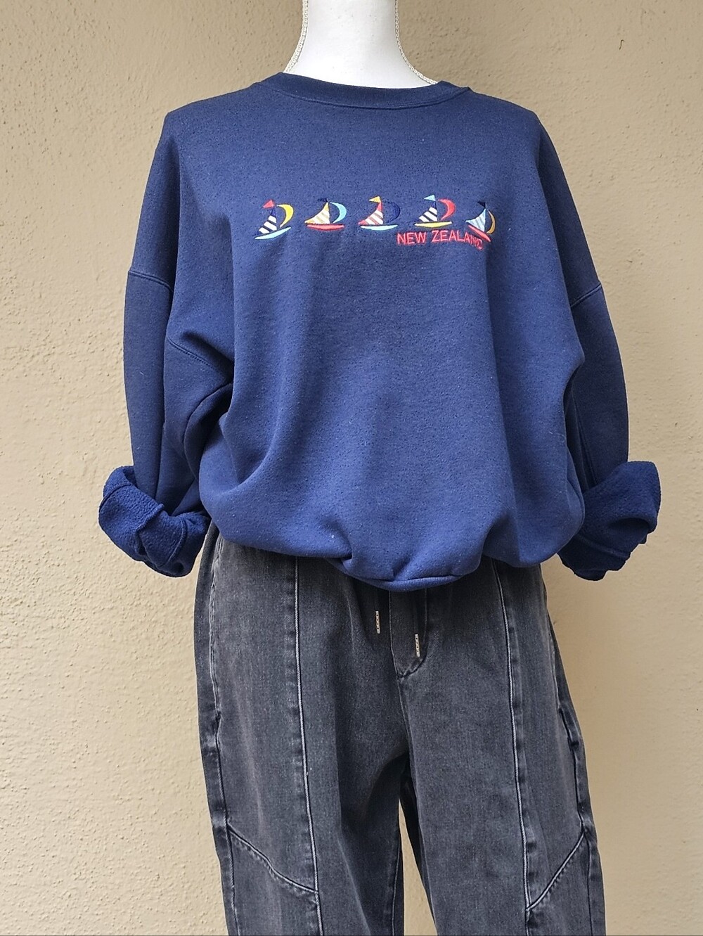 Vintage Blue New Zealand Crew Neck Feat.  Embroidered Sailboats Sz Small